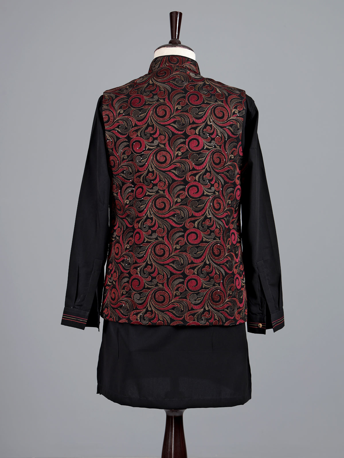 Red resham embellished viscose silk waistcoat set for men