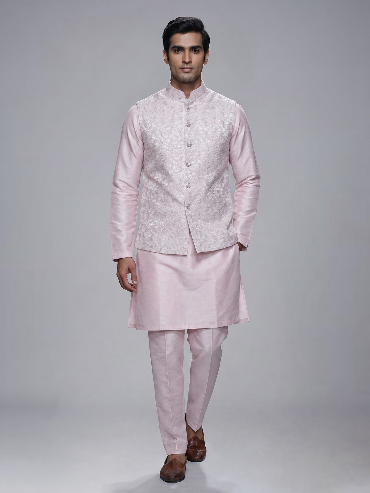 Light pink resham embroidered viscose silk waistcoat set