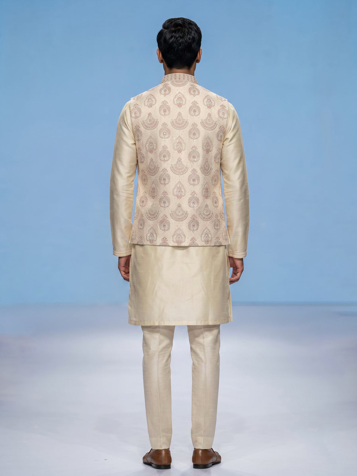 Light yellow resham embellished viscose silk waistcoat set