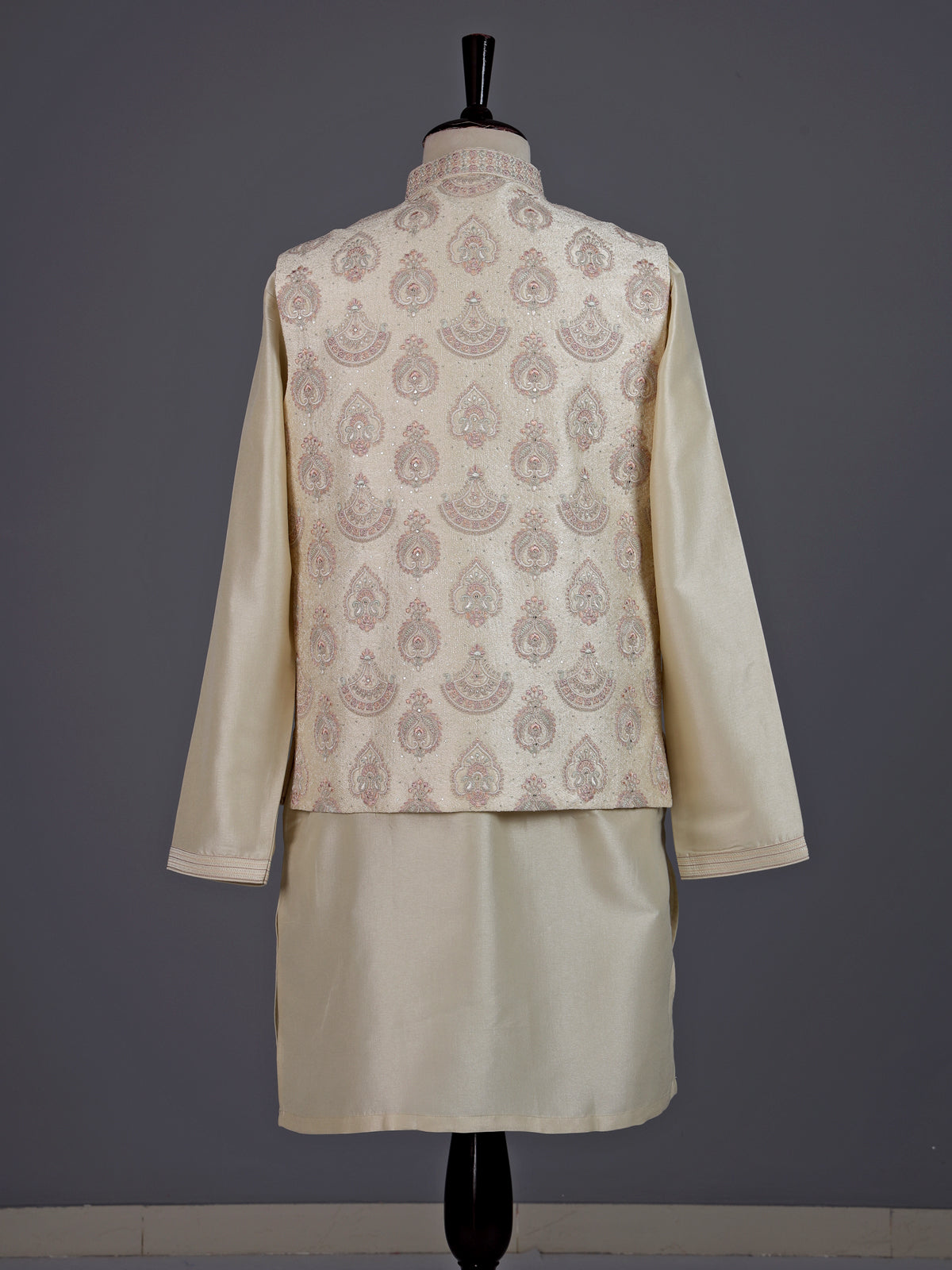 Light yellow resham embellished viscose silk waistcoat set