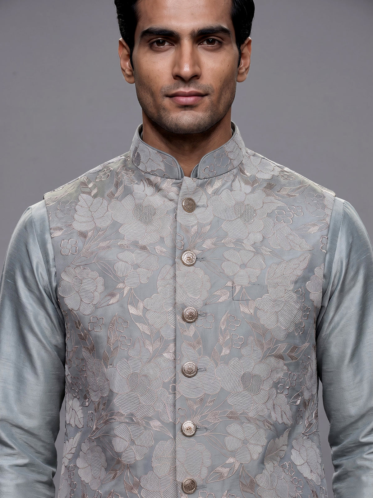Sea blue thread embroidered viscose silk waistcoat set