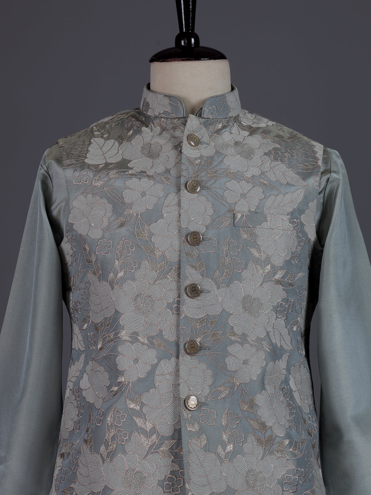 Sea blue thread embroidered viscose silk waistcoat set
