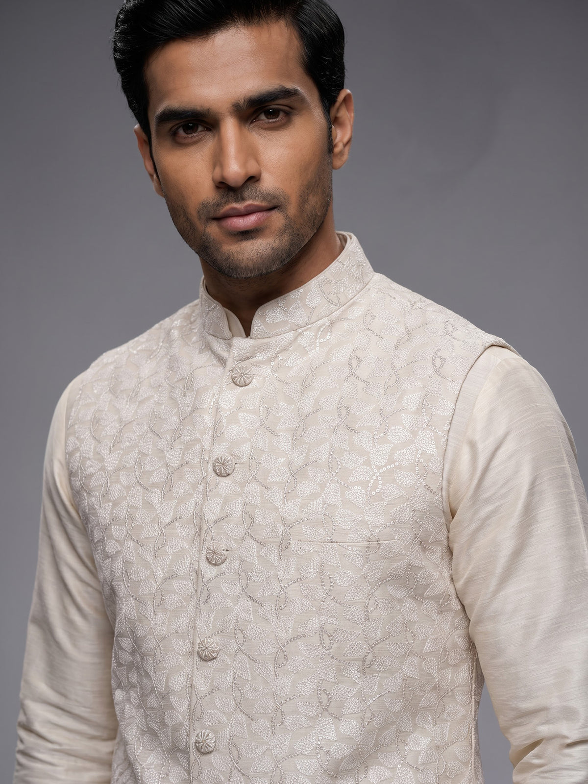 Beige zari embroidered viscose silk waistcoat set