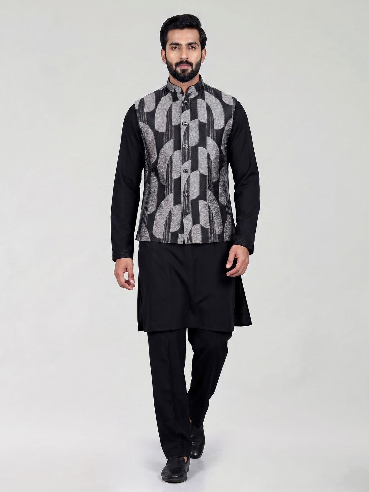 Black threadwork viscose silk waistcoat set for men