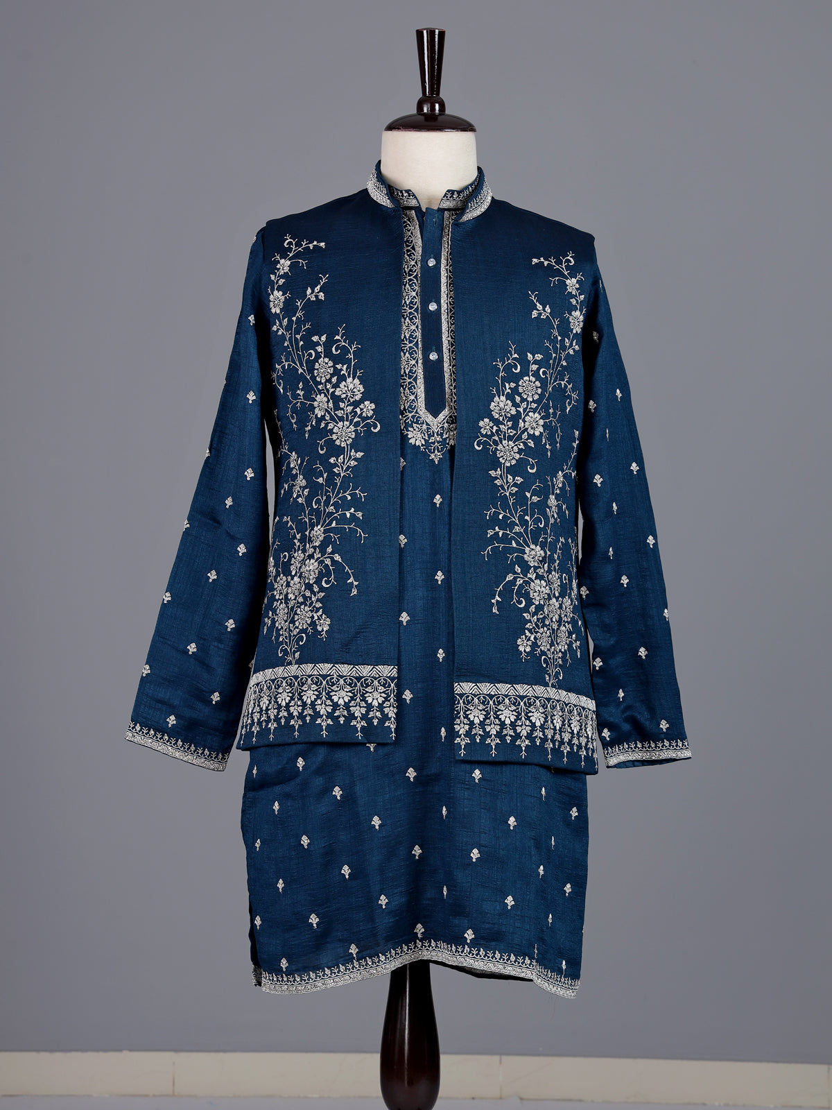 Teal blue embellished silk waistcoat set