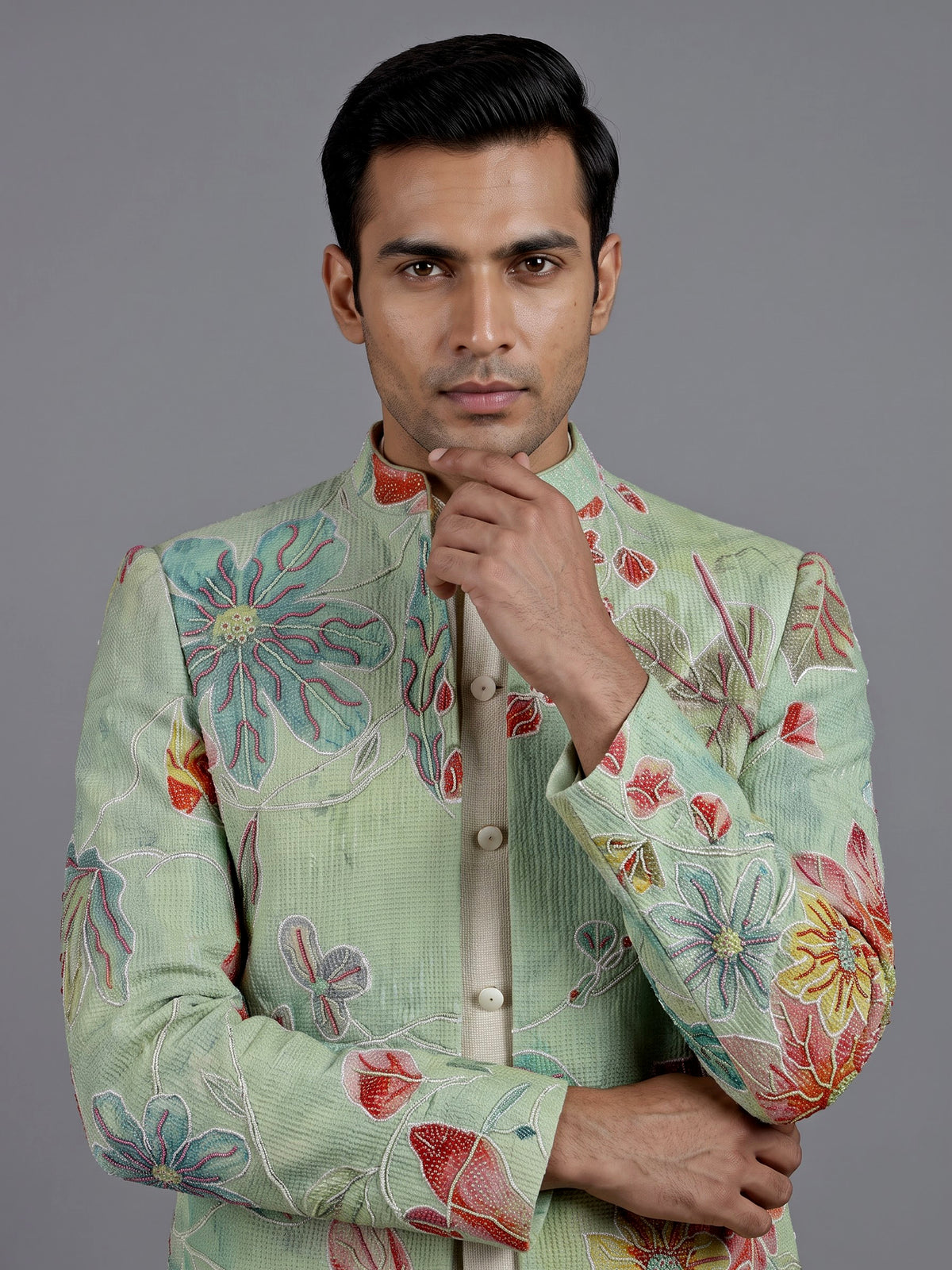 Seafoam green floral jute linen mens indo western jacket