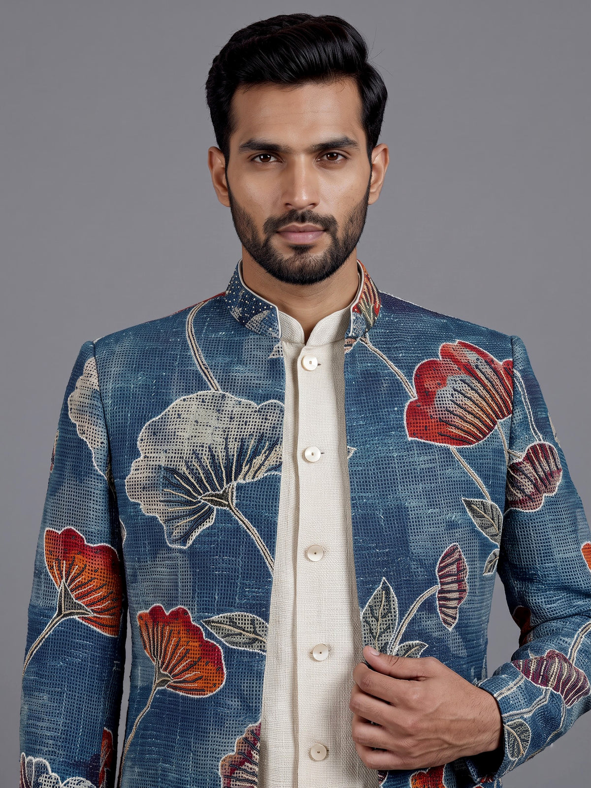 Teal blue floral jute linen mens indo western jacket
