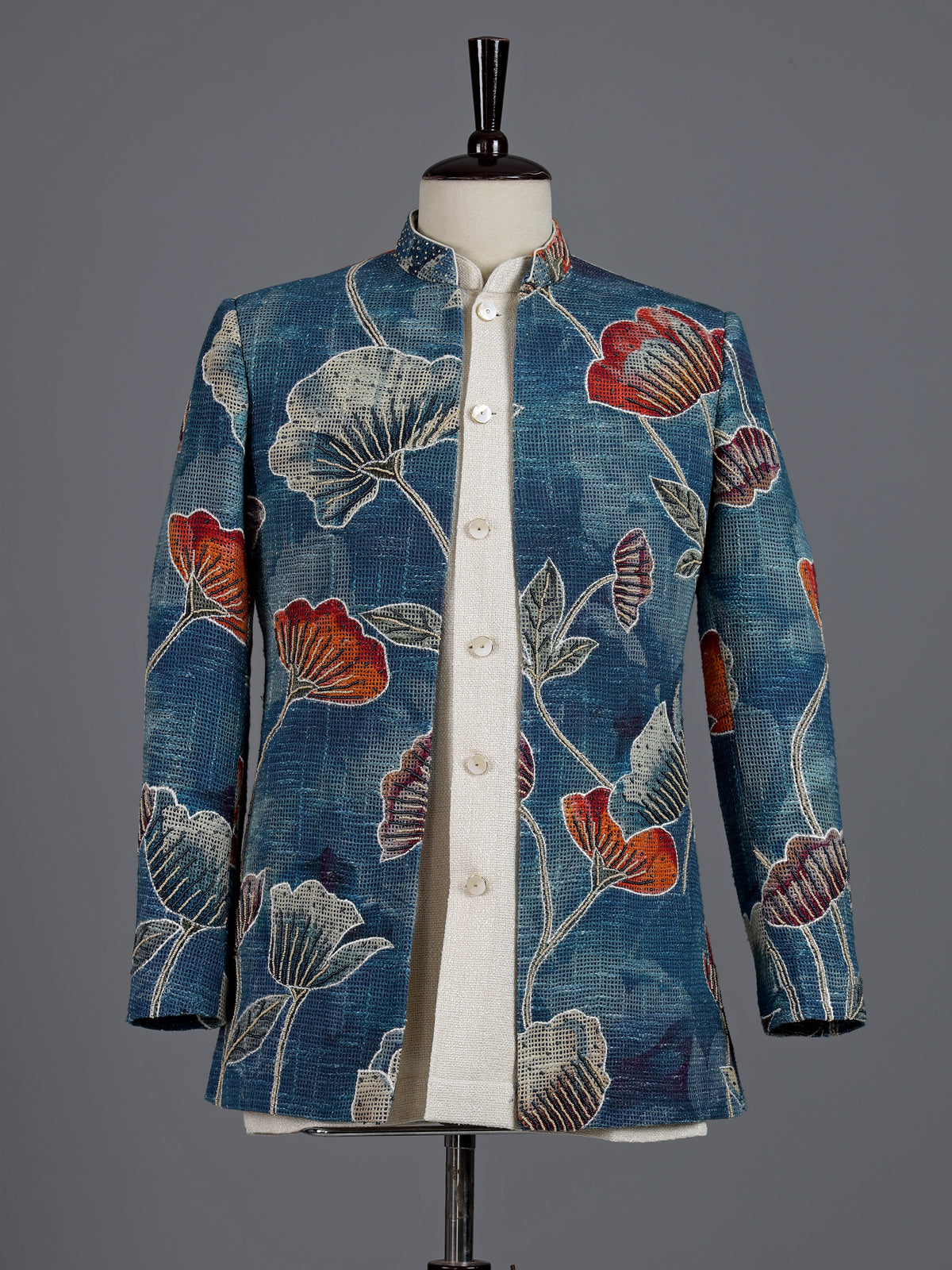 Teal blue floral jute linen mens indo western jacket