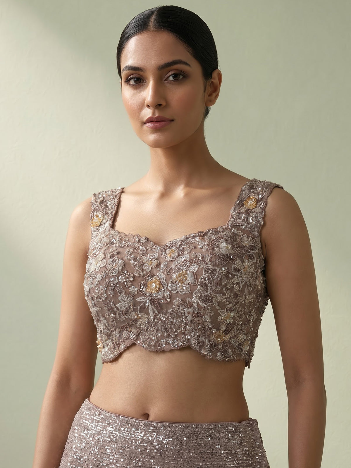 Mehendi green mirror embellished silk lehenga choli