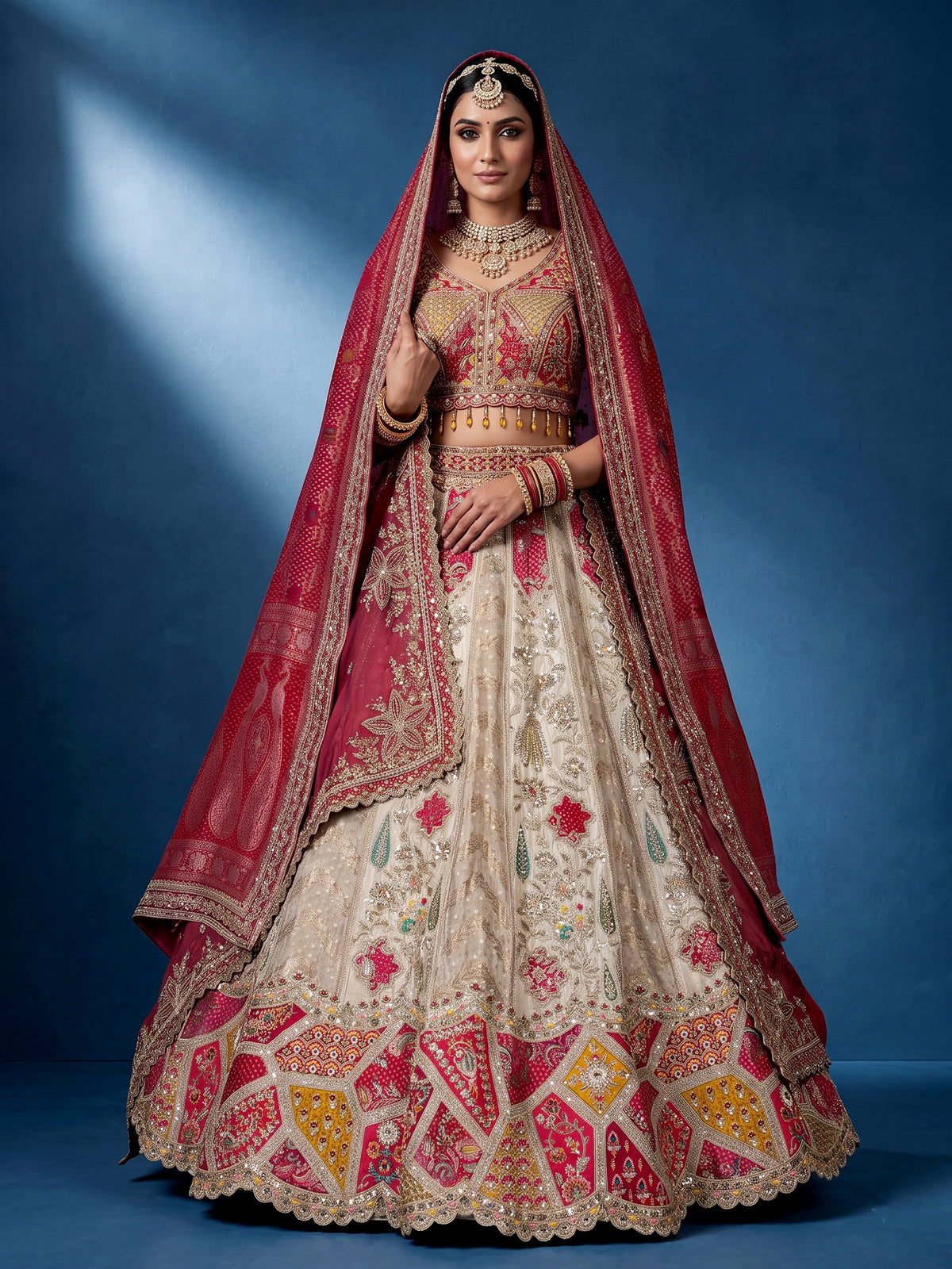 Rani pink silk bandhani bridal lehenga choli for women