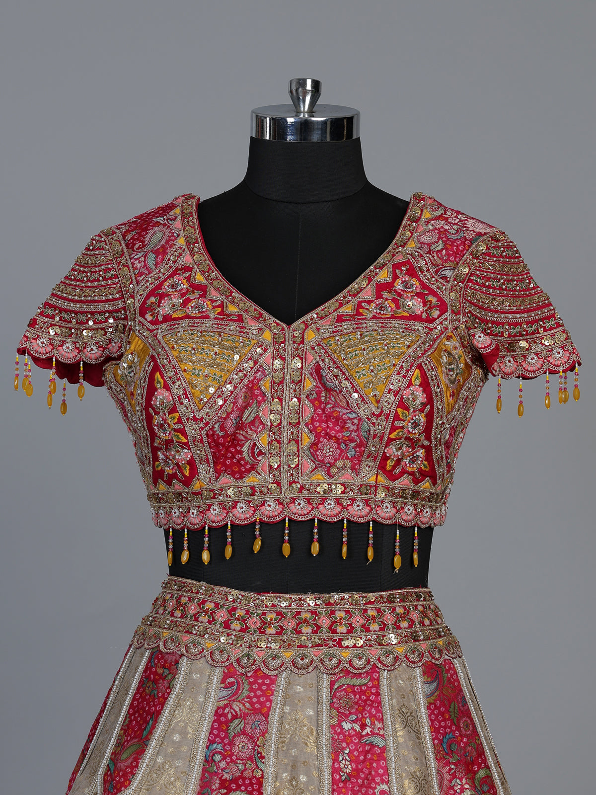 Rani pink silk bandhani bridal lehenga choli for women