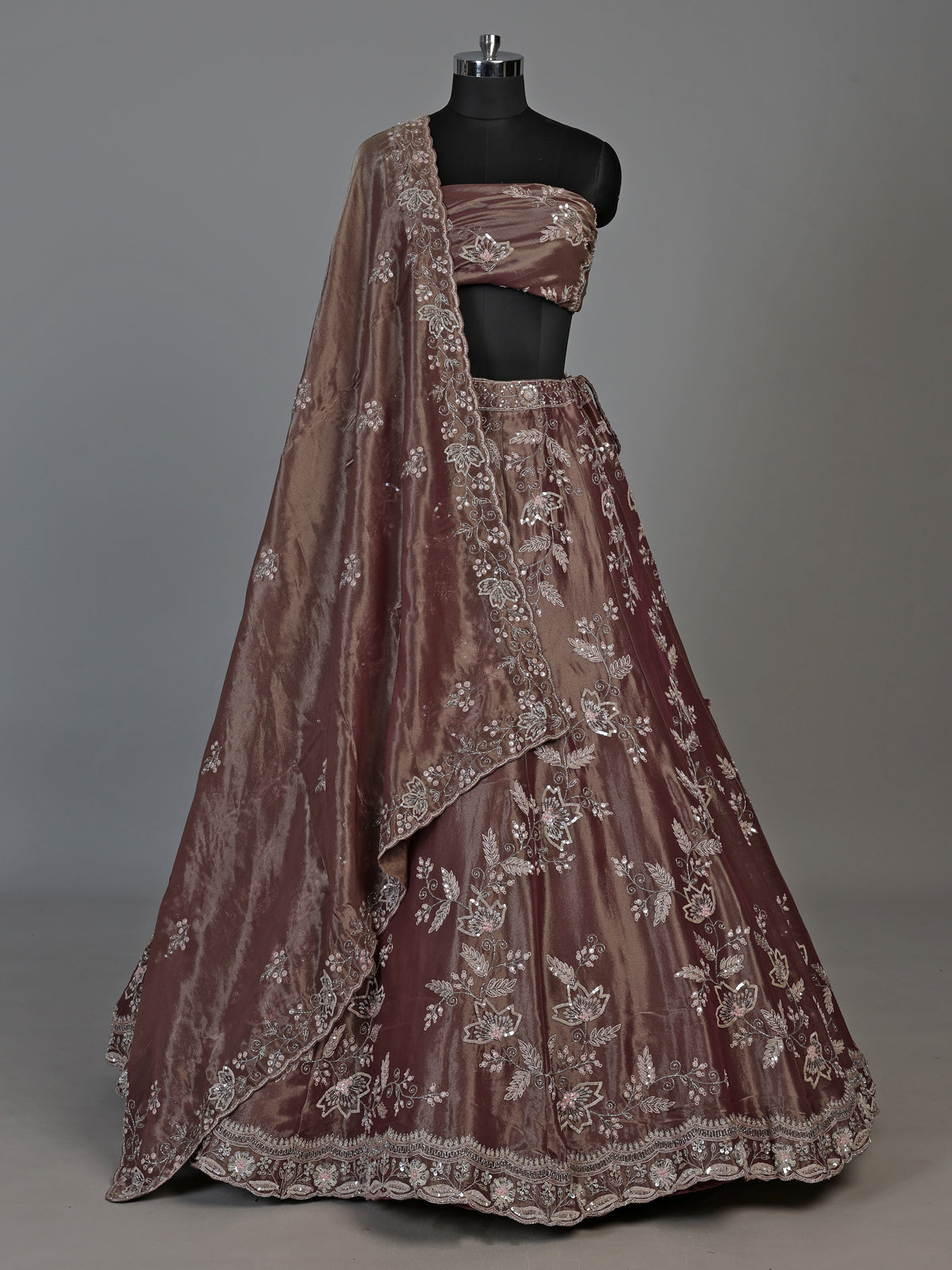 Wine embroidered mirror embellished women organza lehenga choli