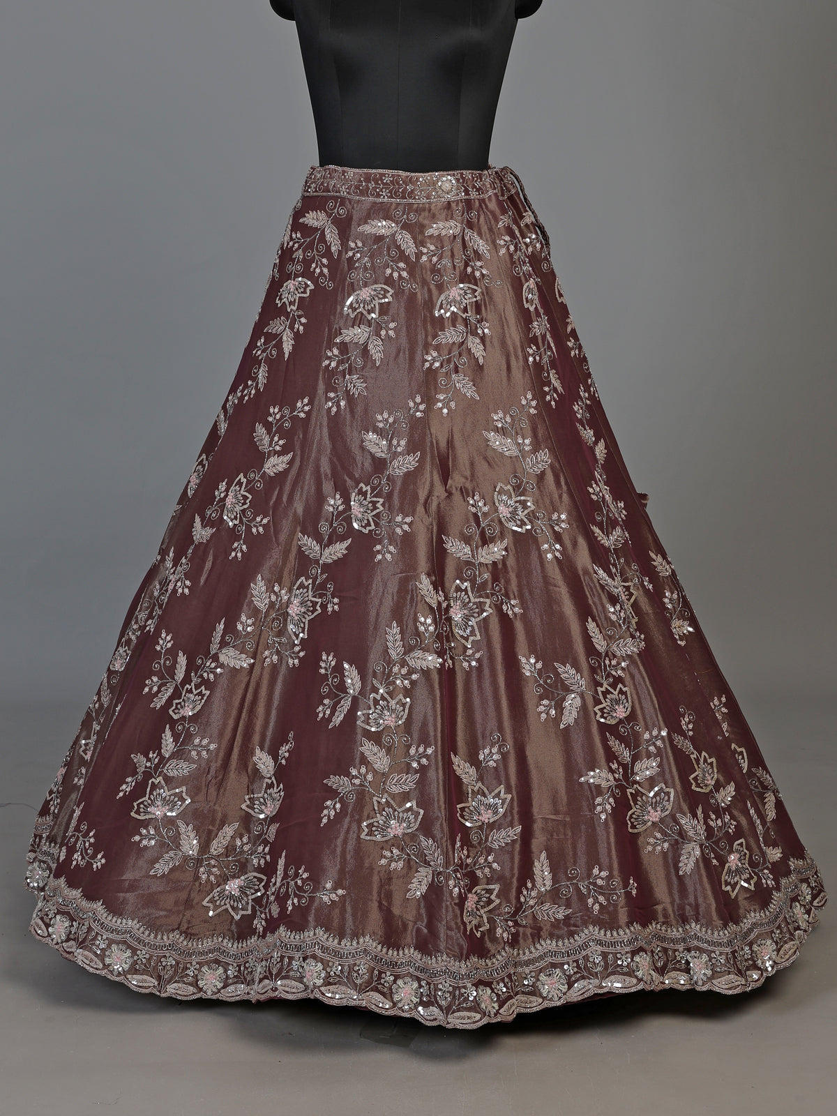 Wine embroidered mirror embellished women organza lehenga choli