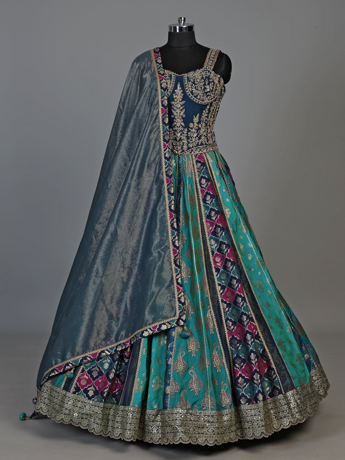 Navy blue zardosi embellished women’s raw silk lehenga choli