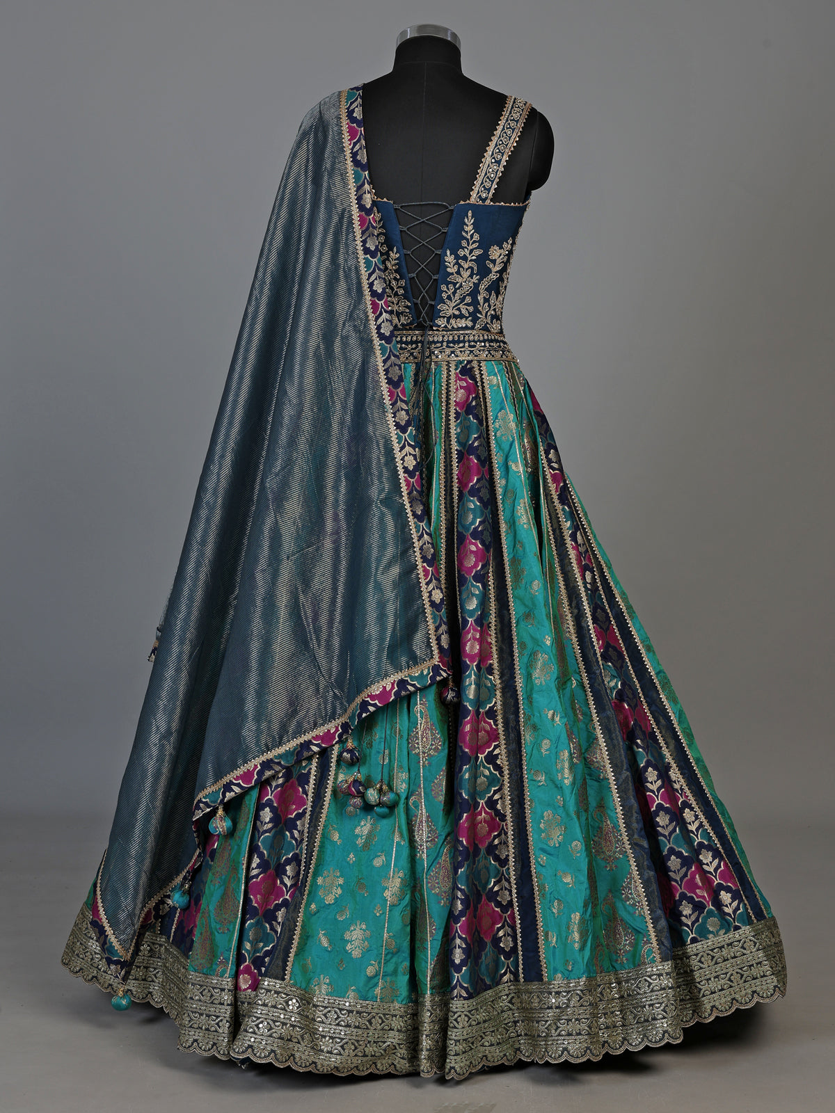 Navy blue zardosi embellished women’s raw silk lehenga choli