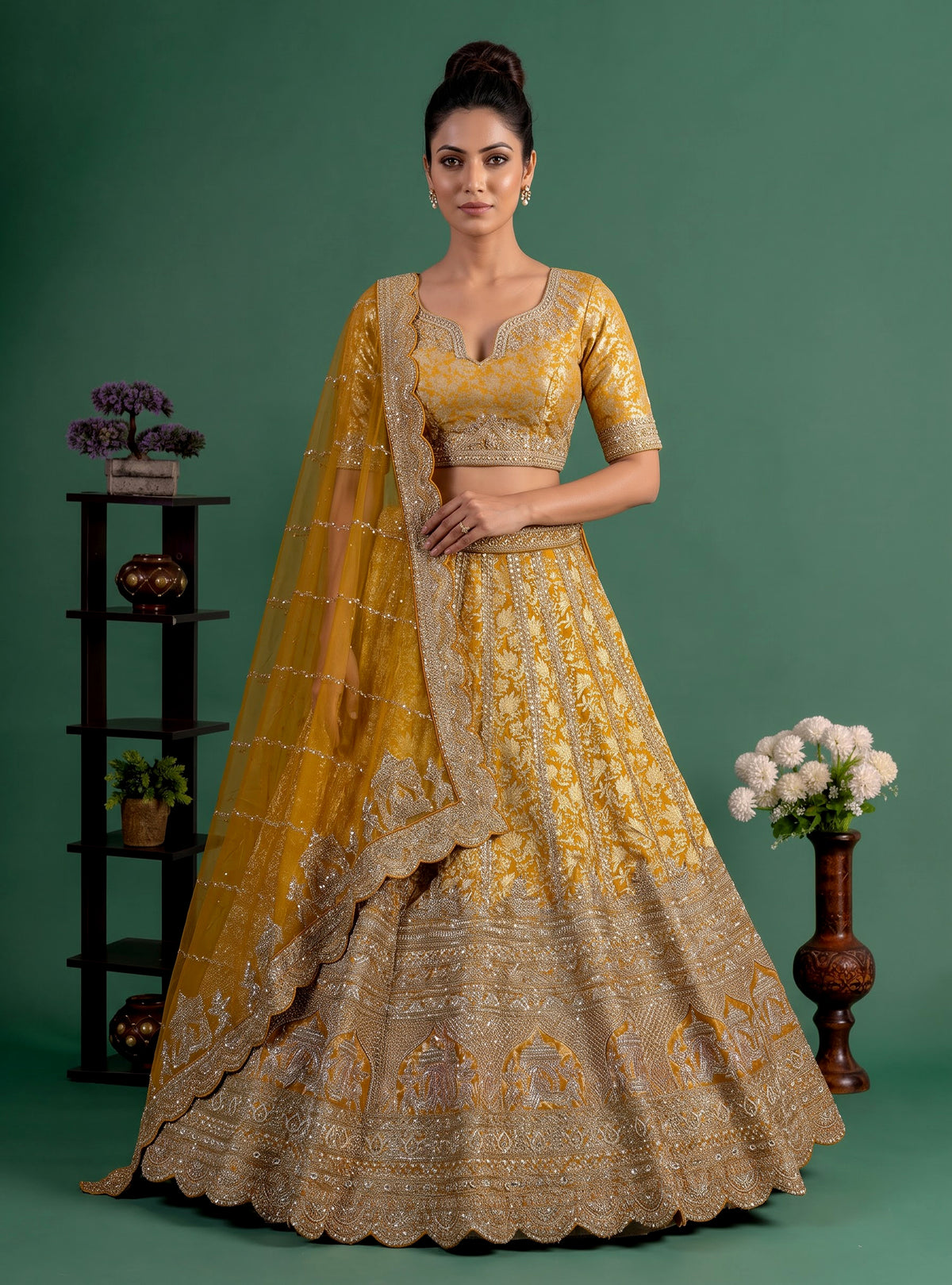 Mustard yellow cutdana zari embellished women’s raw silk lehenga choli