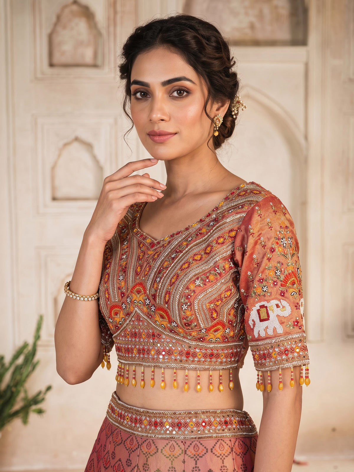 Peach modal silk embellished lehenga choli for women