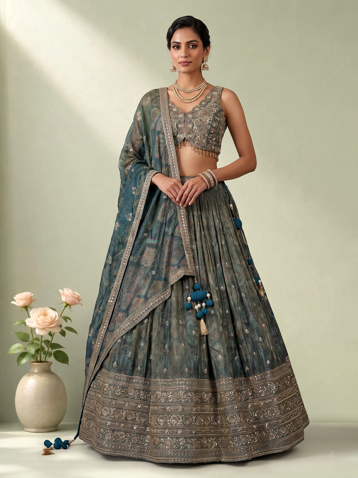 Deep peacock teal blue tissue georgette lehenga for women