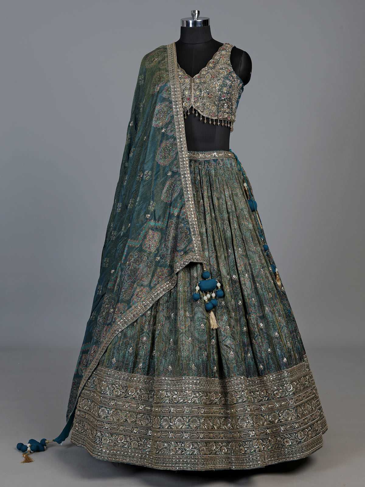 Deep peacock teal blue tissue georgette lehenga for women