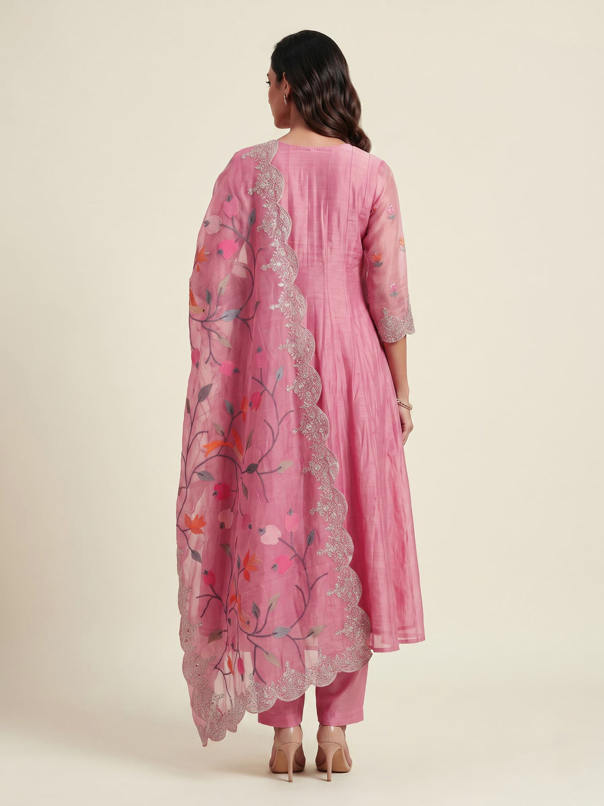 Pink linen silk anarkali suit with dupatta for celebrations