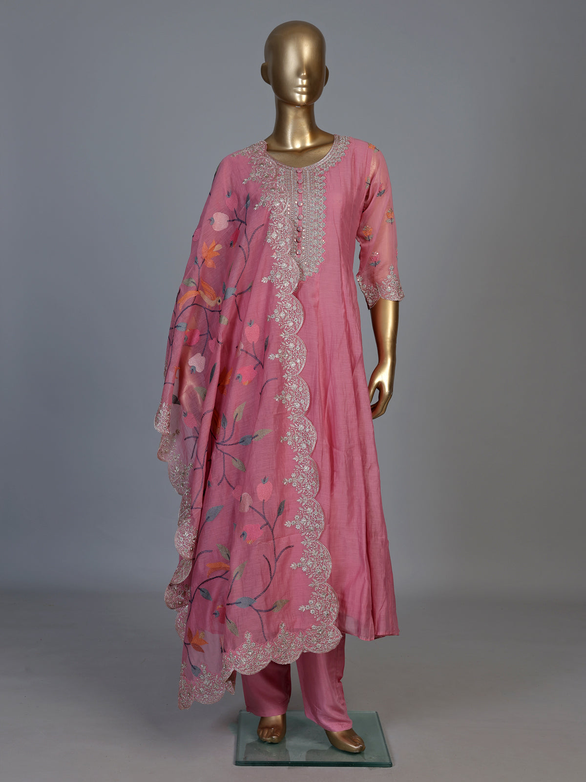 Pink linen silk anarkali suit with dupatta for celebrations