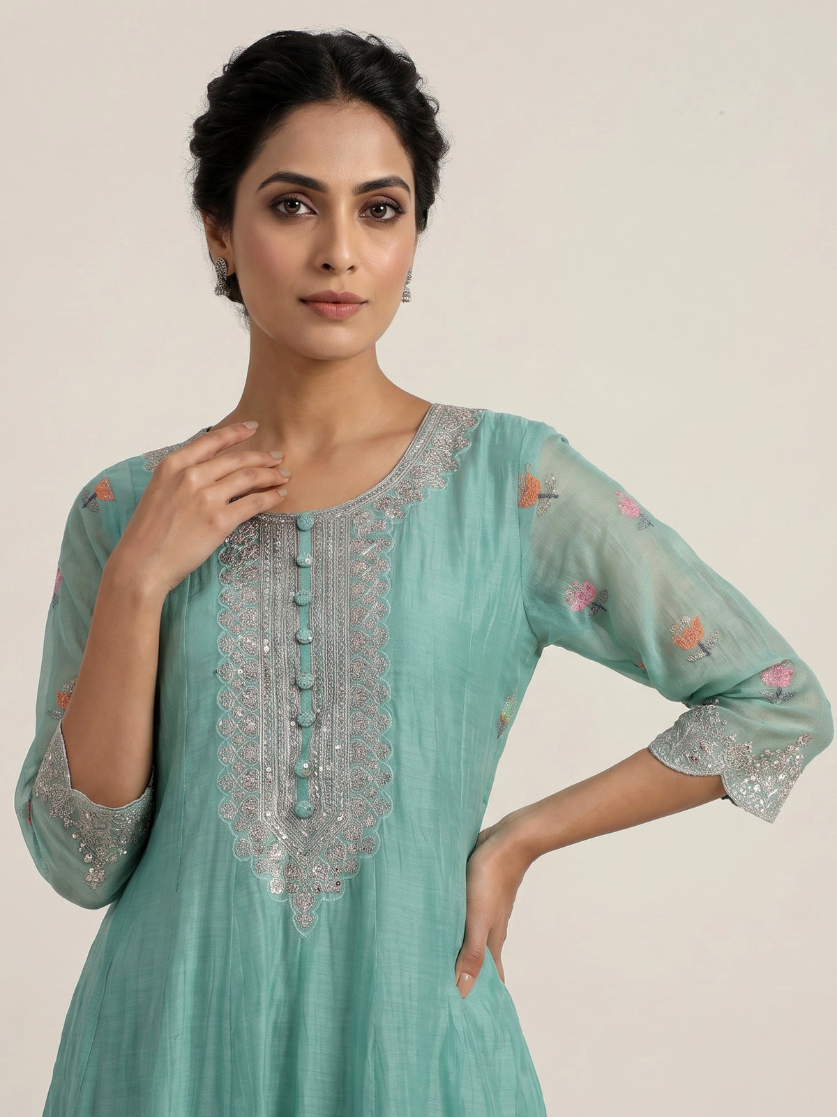 Sky blue linen silk anarkali suit with elegant embellishments