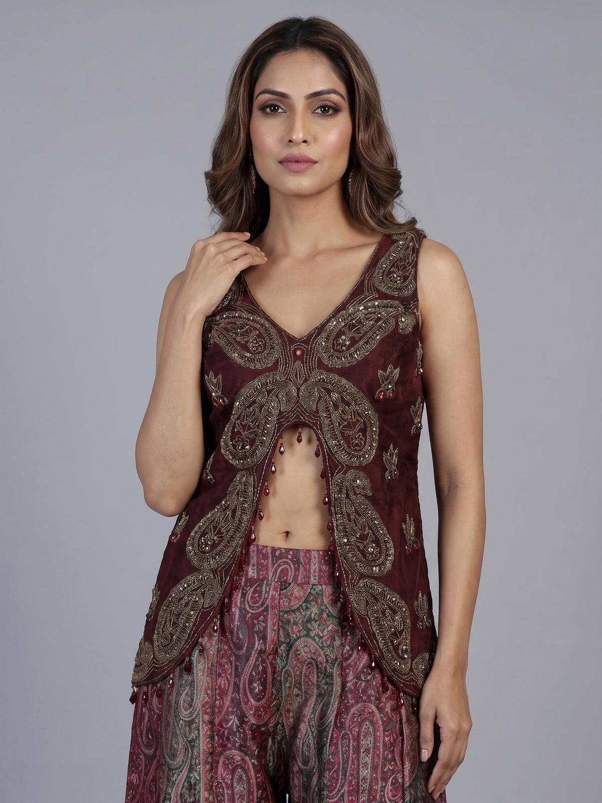 Wine printed silk banarasi palazzo suit with elegant dupatta