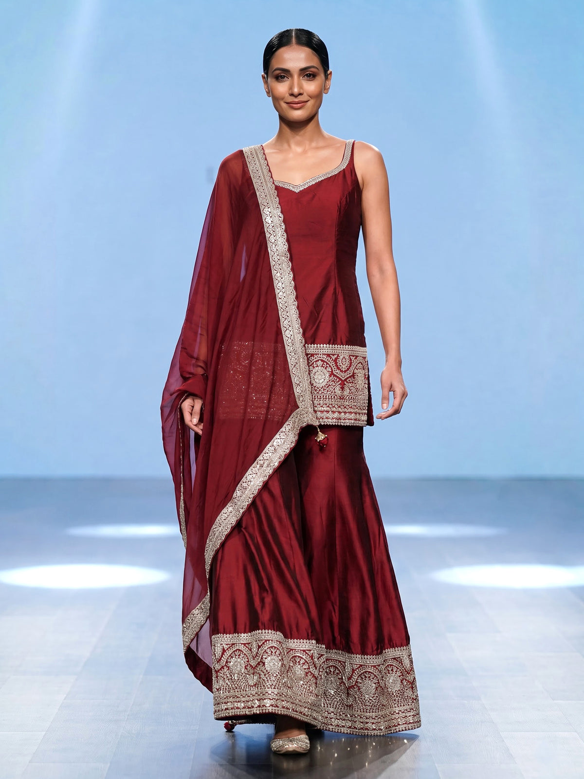 Maroon silk blend pakistani palazzo suit with dupatta