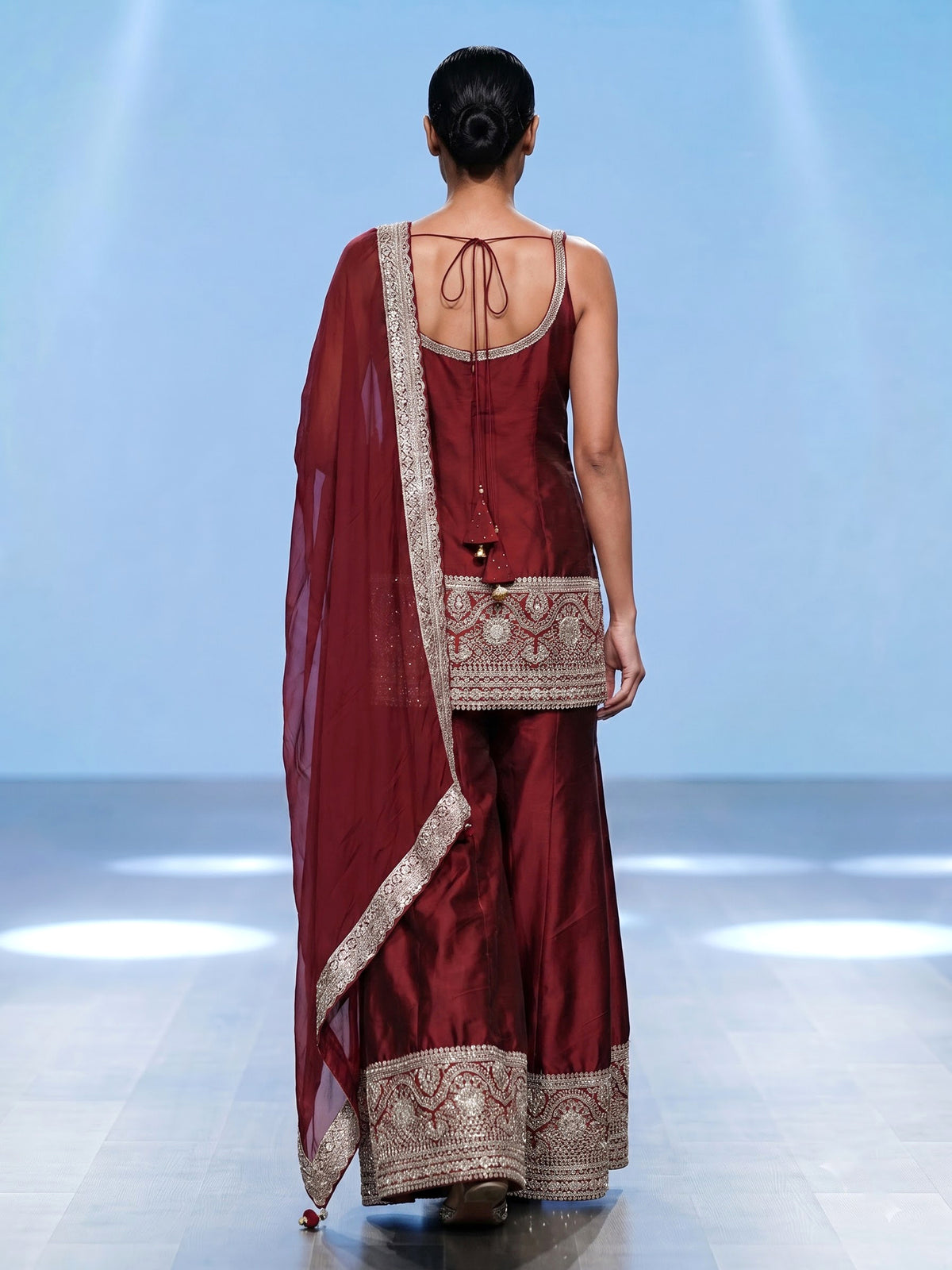 Maroon silk blend pakistani palazzo suit with dupatta