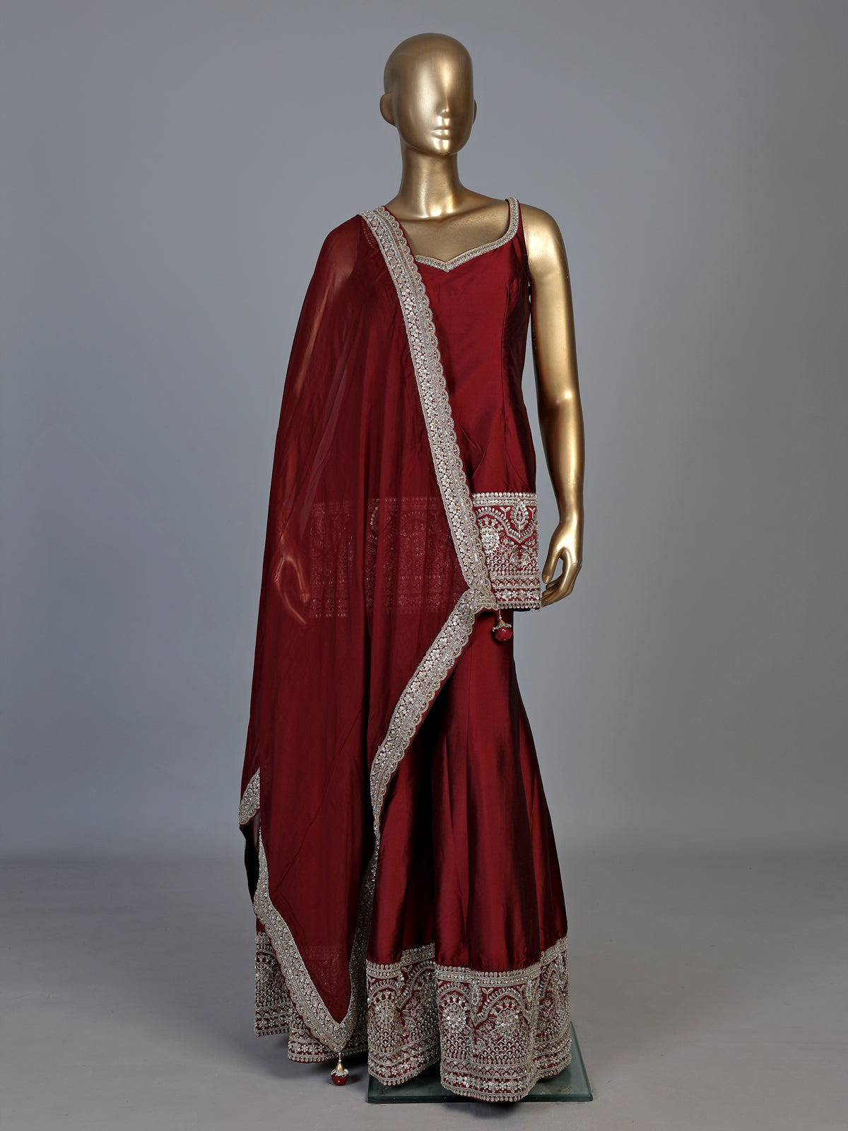 Maroon silk blend pakistani palazzo suit with dupatta