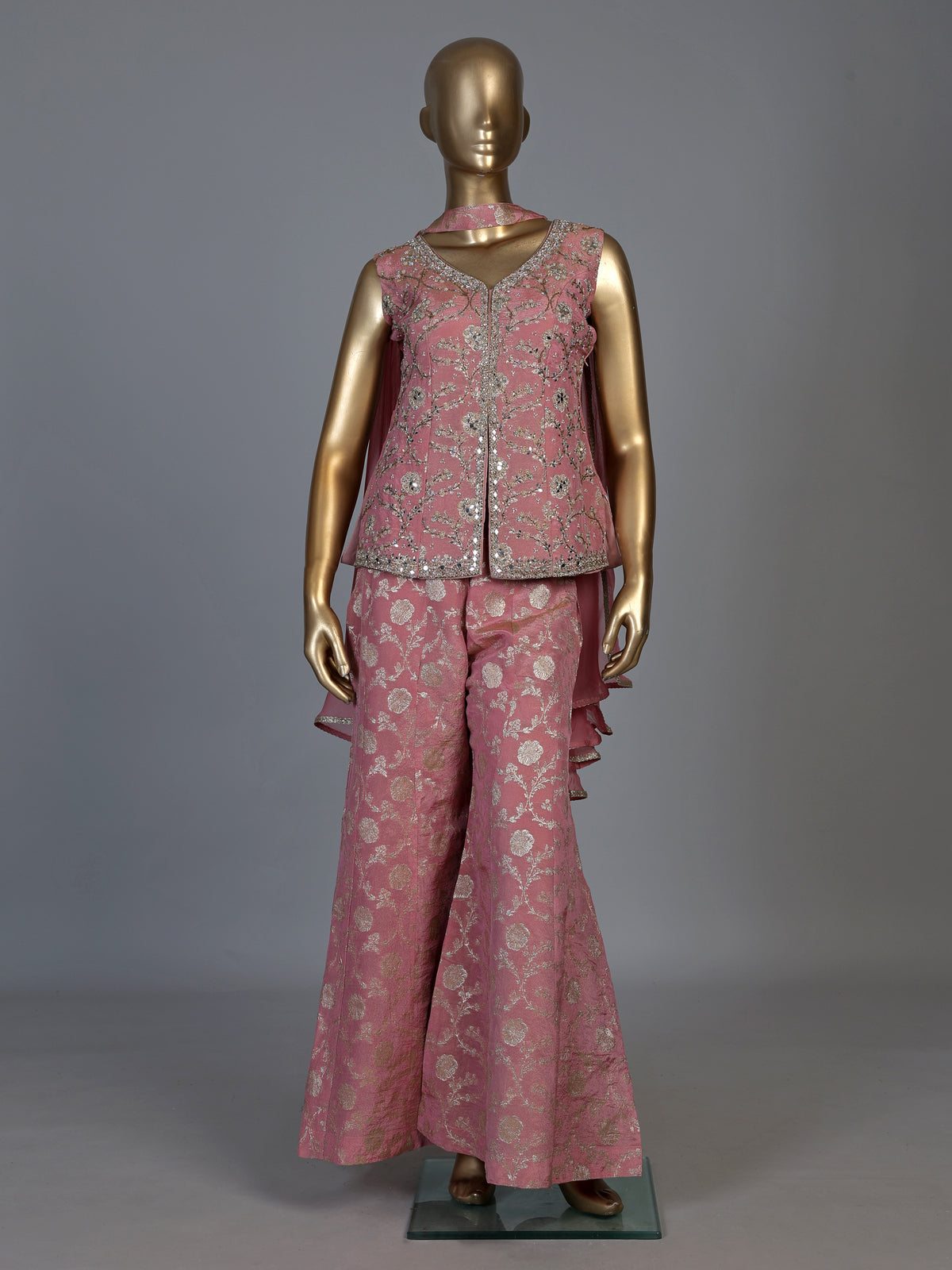 Onion pink banarasi silk designer palazzo suit with dupatta