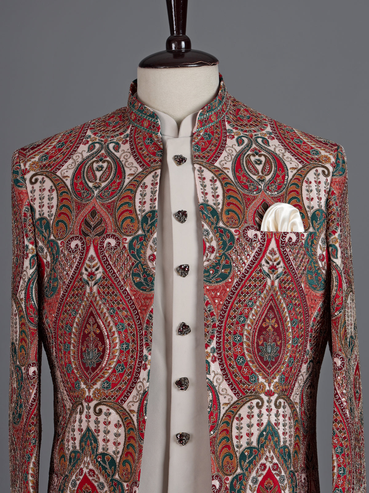 Cream red silk printed indowestern set for men