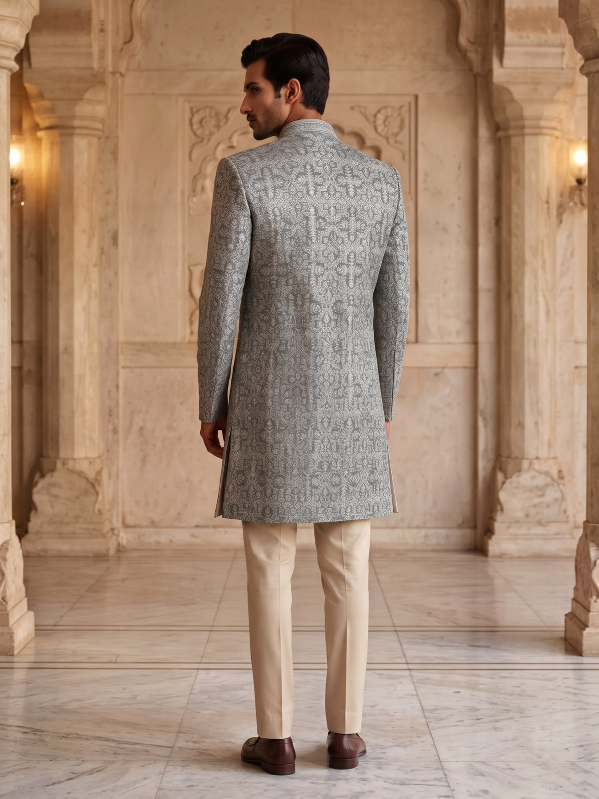 Beige green georgette silk indowestern set for men