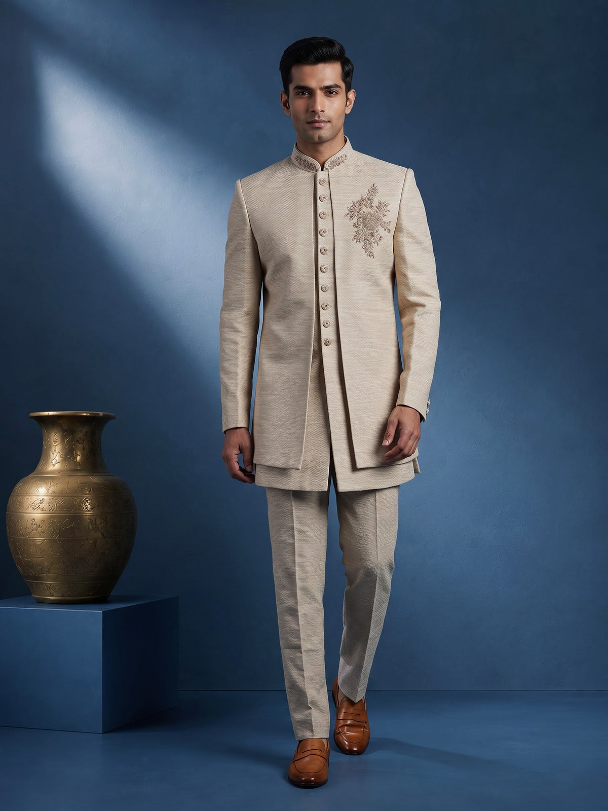 Beige jute indowestern set for men with festive detailing