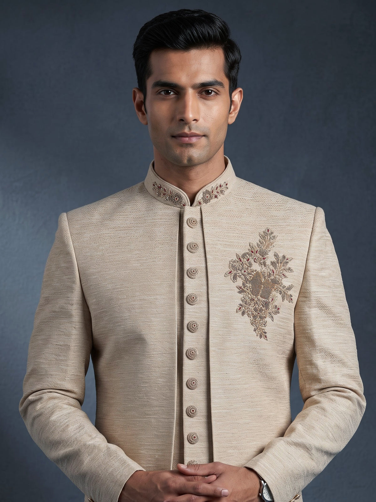 Beige jute indowestern set for men with festive detailing