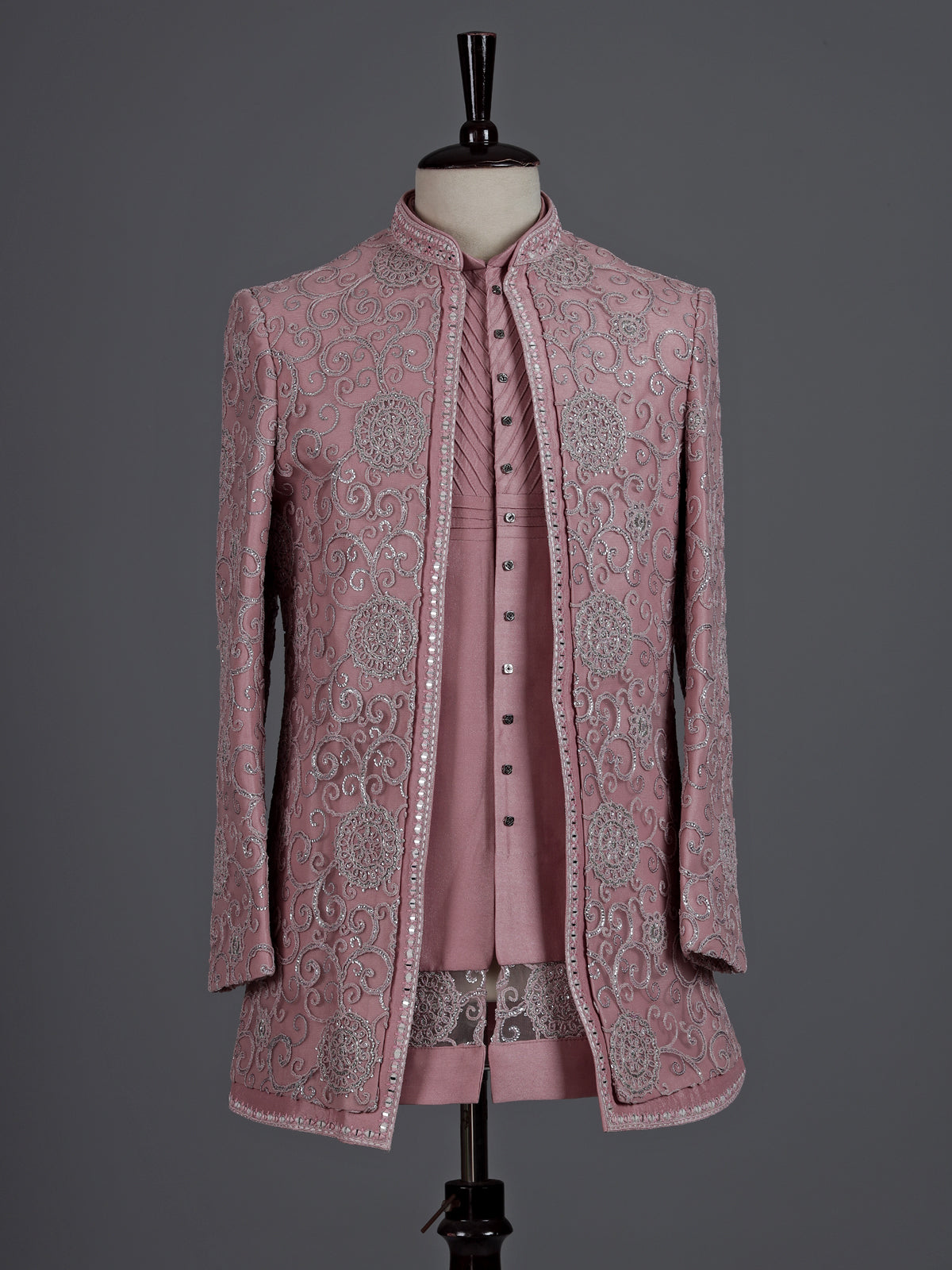Onion pink silk net indowestern set for men