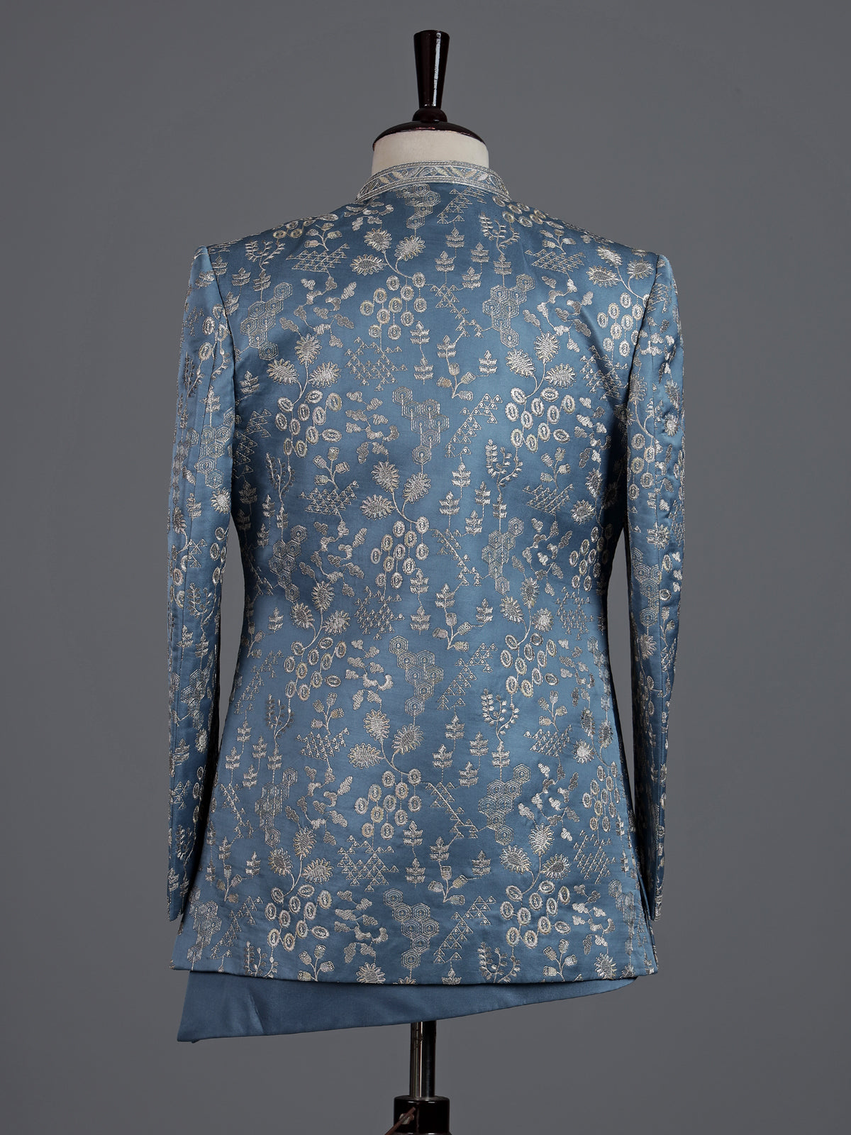 Stone blue silk blend indowestern set for men with jacket