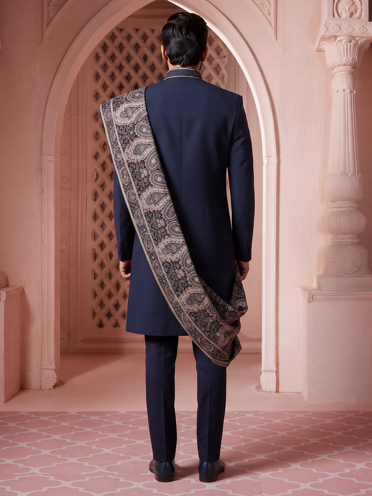 Navy terry rayon indowestern set for men with embellishments