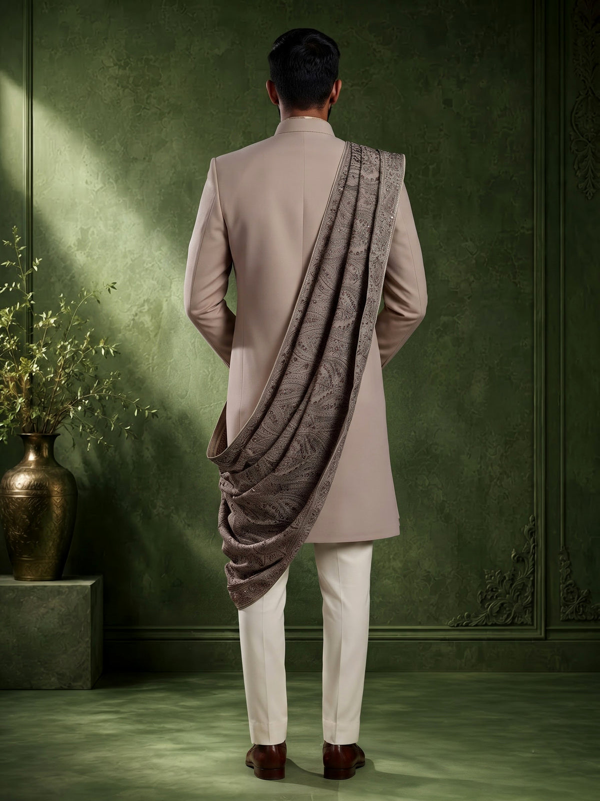 Beige terry rayon indowestern set for men with embellishments
