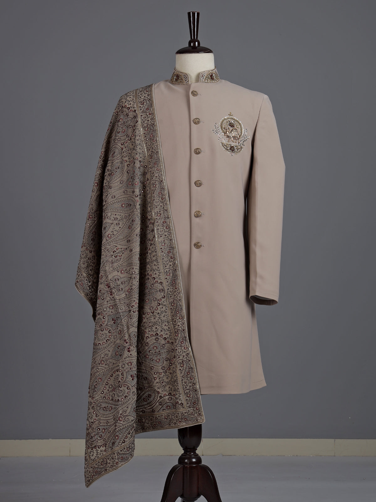 Beige terry rayon indowestern set for men with embellishments