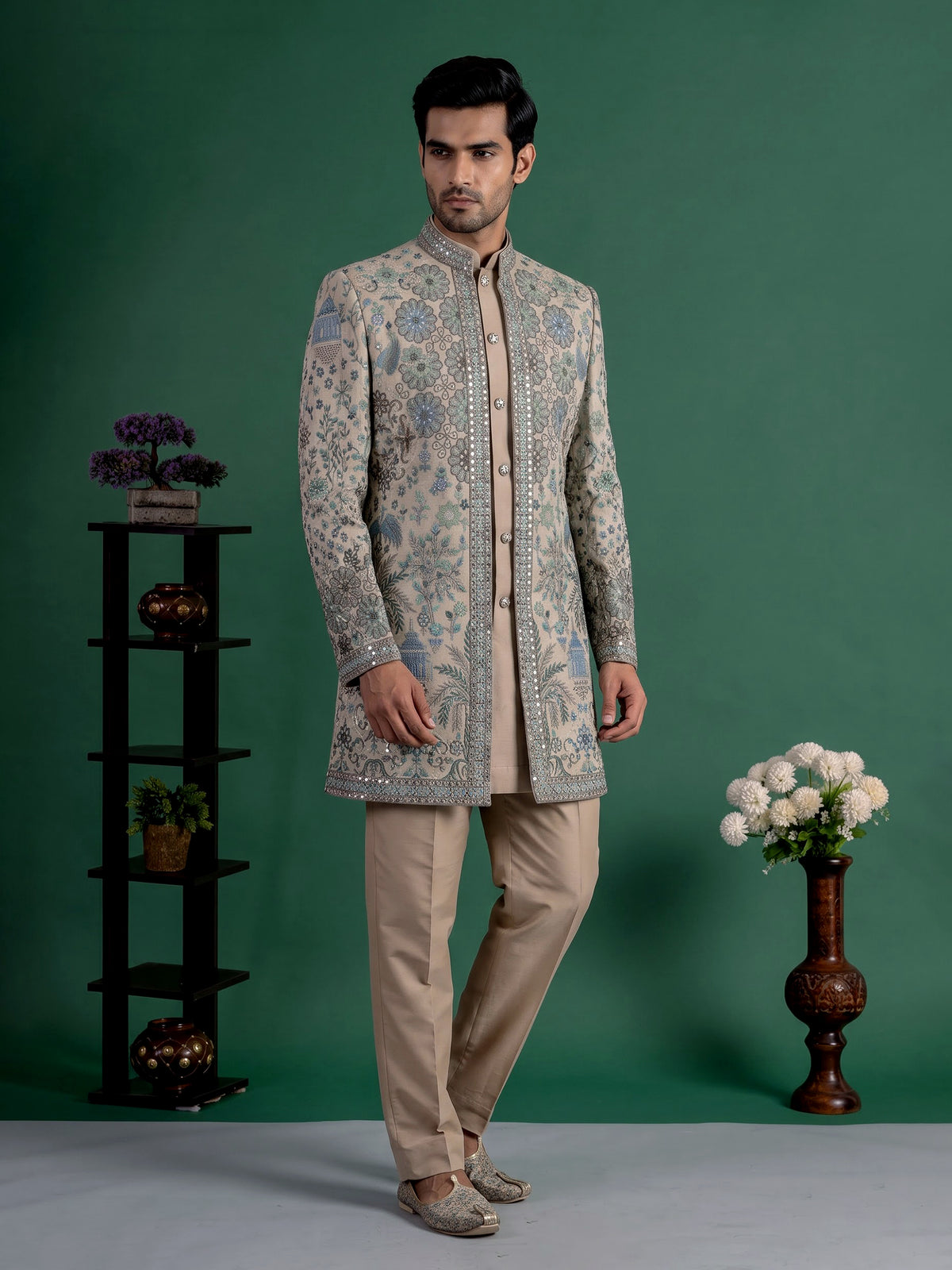 Beige silk embroidered indowestern set for men with jacket