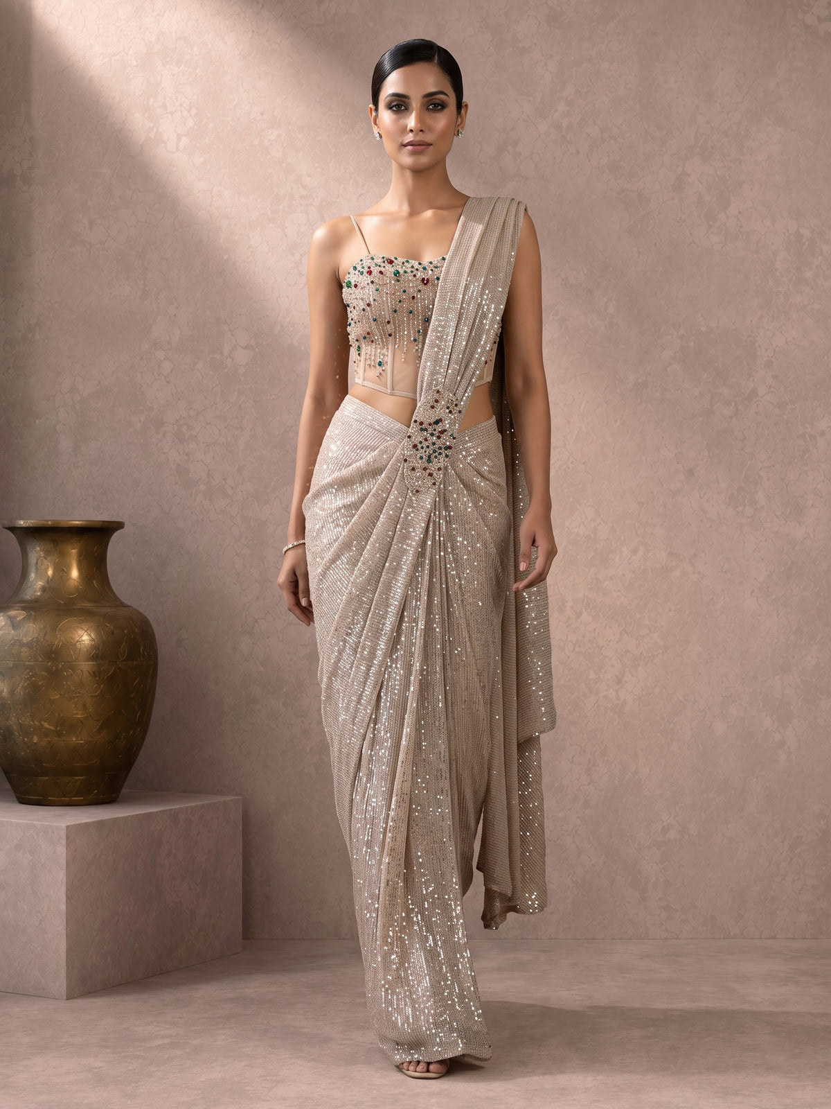 Beige sequin fabric ready to wear saree with diamond accents