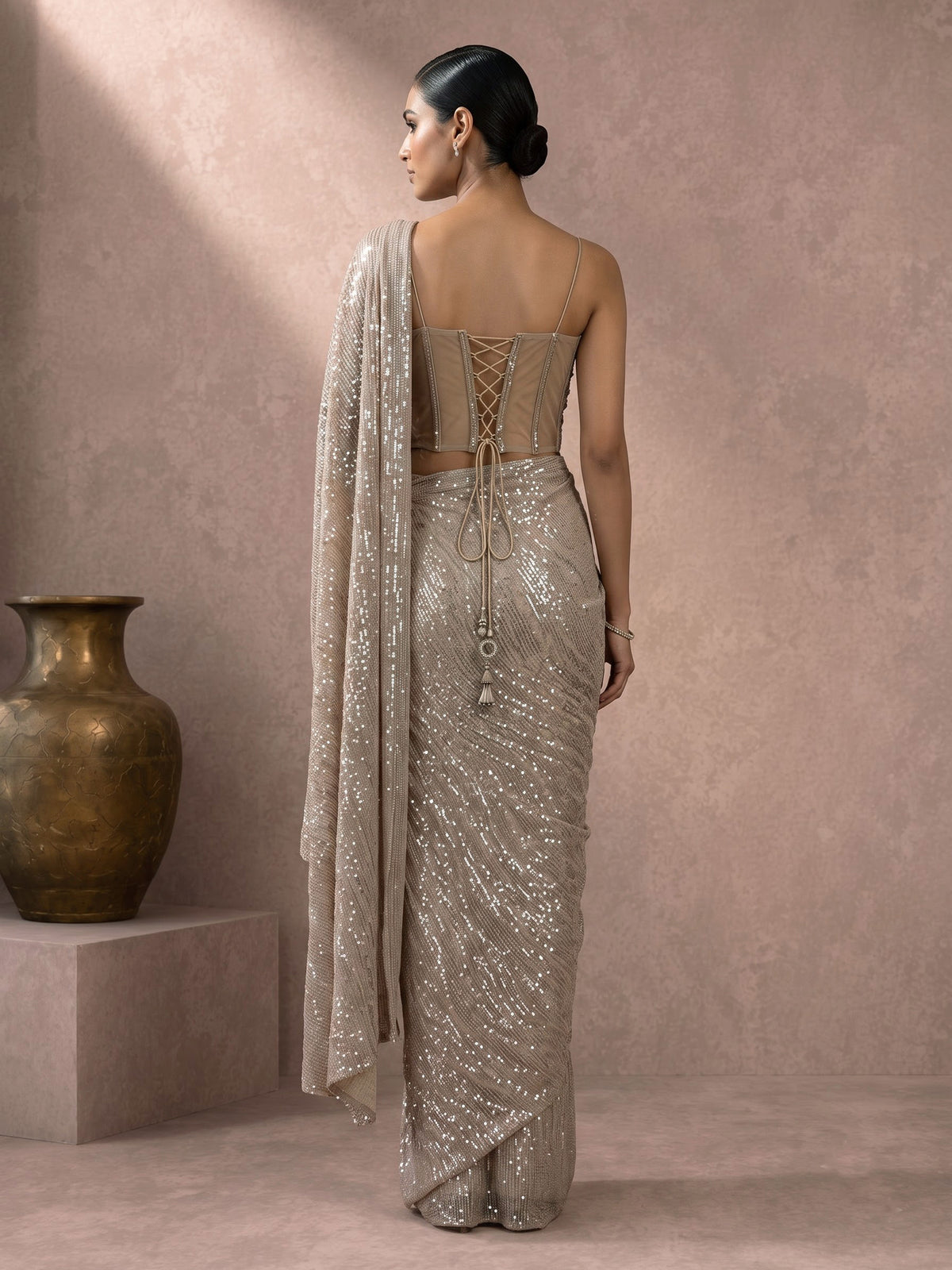 Beige sequin fabric ready to wear saree with diamond accents