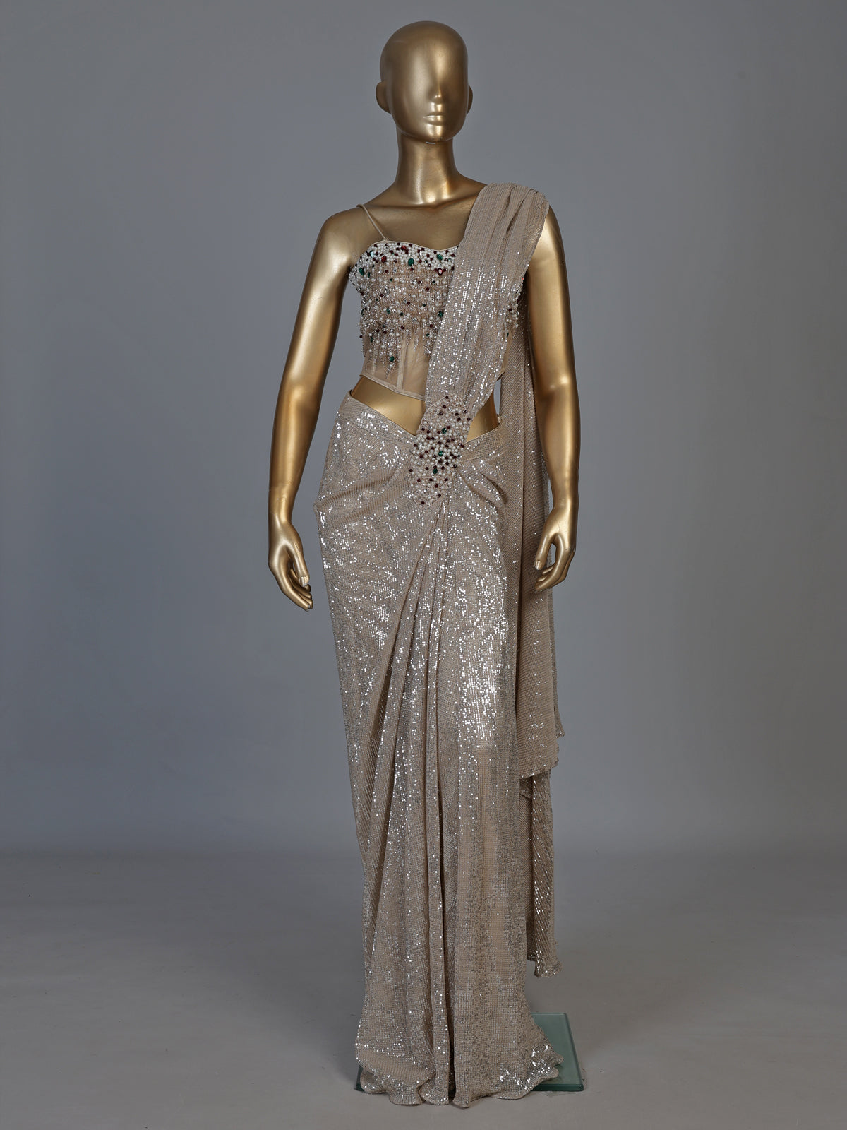 Beige sequin fabric ready to wear saree with diamond accents