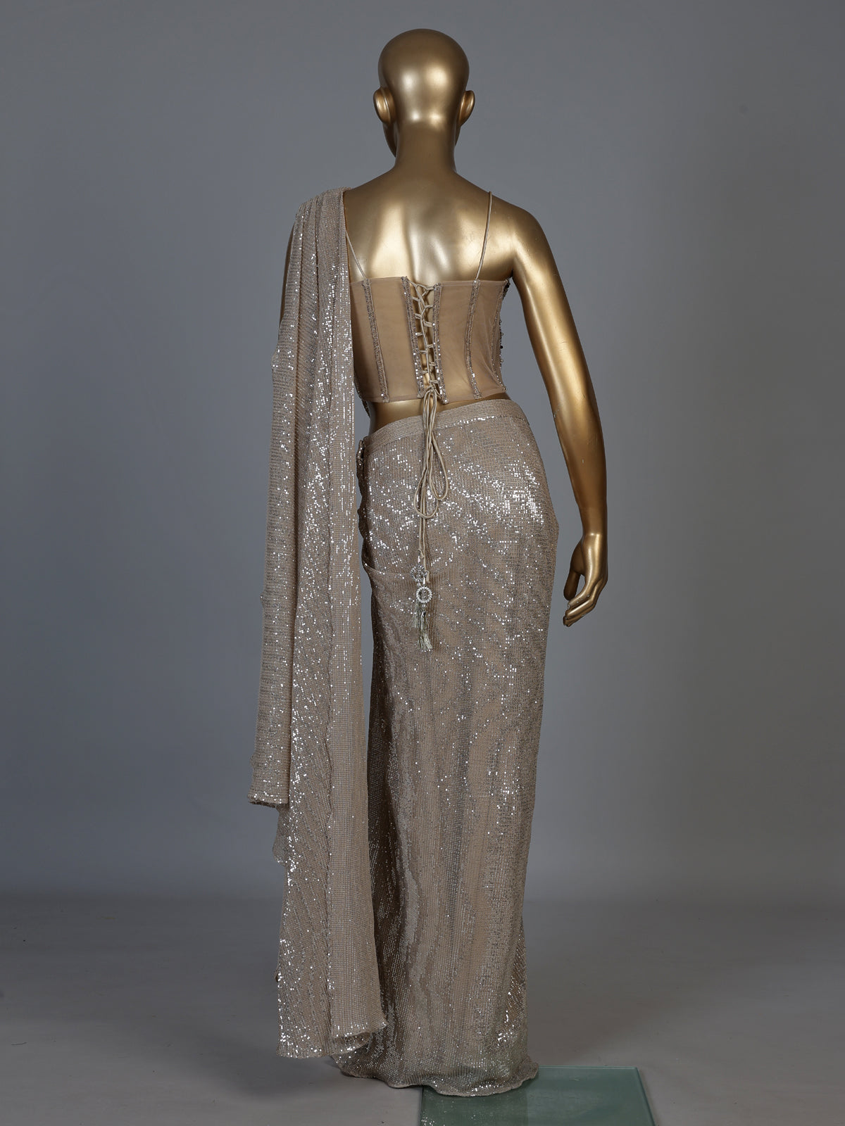 Beige sequin fabric ready to wear saree with diamond accents