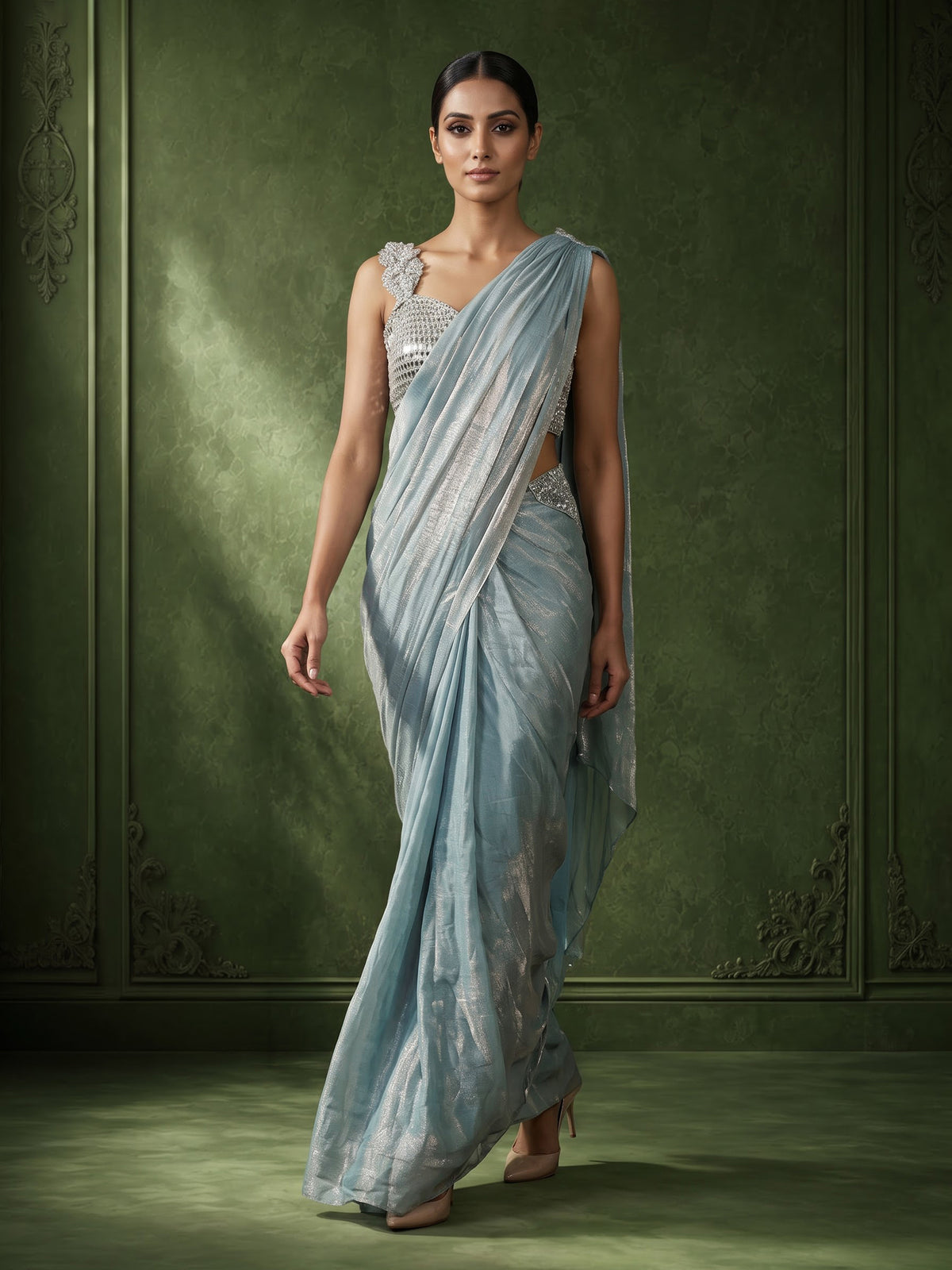 Pastel mint blue tissue silk ready to wear saree