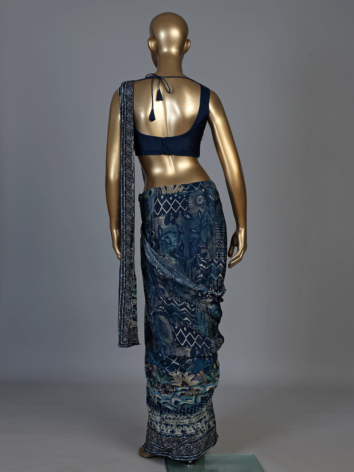Blue satin silk ready to wear designer saree with embellishments
