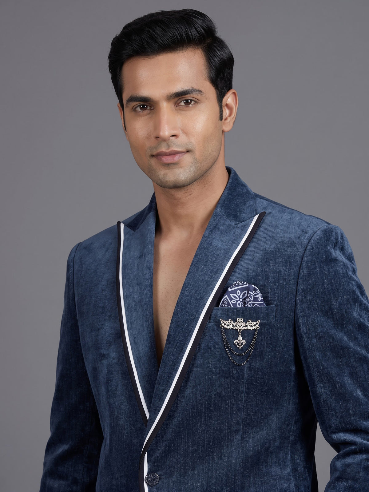 Blue denim blazer for men with contrast white piping