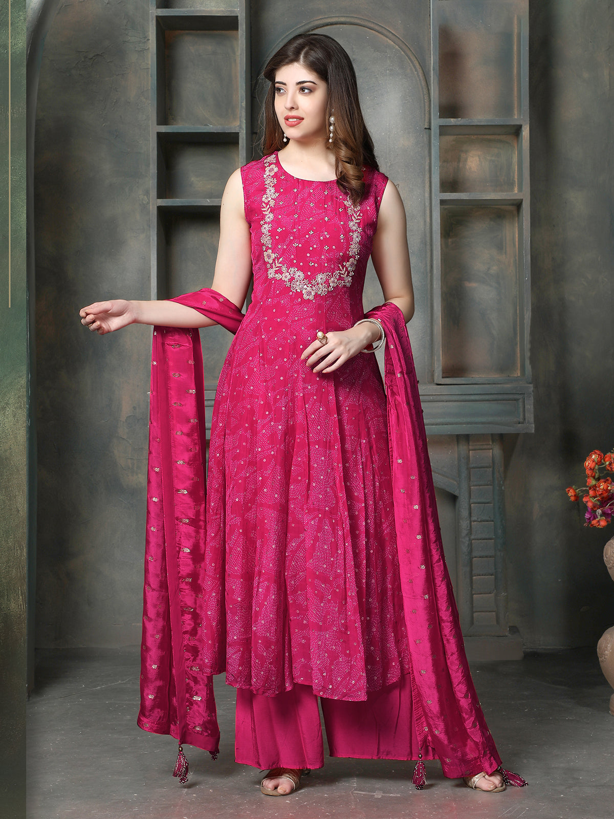 Pink georgette silk women bandhani anarkali palazzo suit