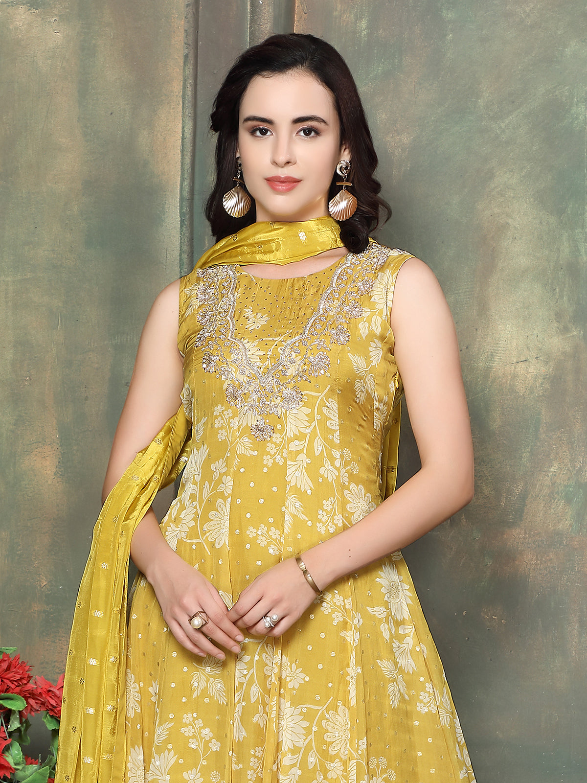 Yellow georgette silk women floral anarkali palazzo suit